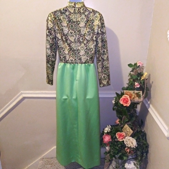 Vintage One-Of-A-Kind Handsewn Black Gold/Mint Lame´ Bodice Long Cocktail Dress - Picture 9 of 16